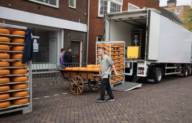Alkmaar, Hollanda - 21 Nisan 2017: Tipik peynir pazarı şehir Alkmaar Hollanda, sadece dört geleneksel Hollanda peynir piyasalarda hala varlığını. Varlık yüklü bir kamyon peynir tekerlekler