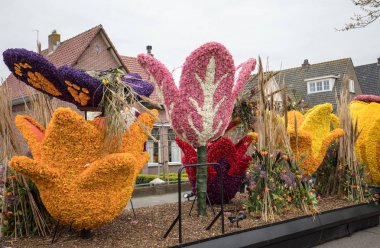 Noordwijkerhout, Hollanda - 21 Nisan 2017: Platform ile Lale ve sümbül sırasında geleneksel çiçek geçit törenini Bloemencorso Noordwijk üzerinden Hollanda'da Haarlem. 