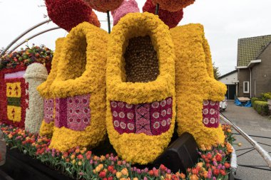 Noordwijkerhout, Hollanda - 21 Nisan 2017: Platform ile Lale ve sümbül sırasında geleneksel çiçek geçit törenini Bloemencorso Noordwijk üzerinden Hollanda'da Haarlem. 