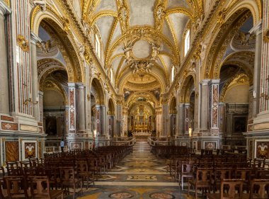 Monte Cassino, Italy - June 17, 2017: Main nave and altar Inside the Basilica Cathedral at Monte Cassino Abbey. Italy clipart