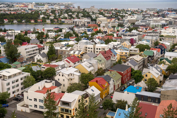 Reykjavik, Iceland - July 17, 2017: Aerial view of Reykjavik town centre in Iceland, from the Hallgrmskirkja Church
