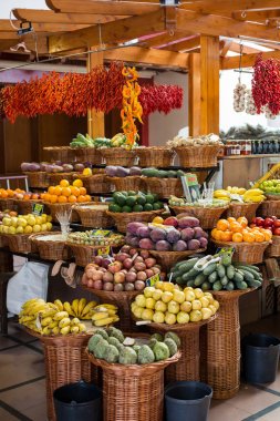 FUNCHAL, MADEIRA, PORTUGAL - SEPTEMBER 12, 2016: Fresh exotic fruits in Mercado Dos Lavradores. Funchal, Madeira, Portugal