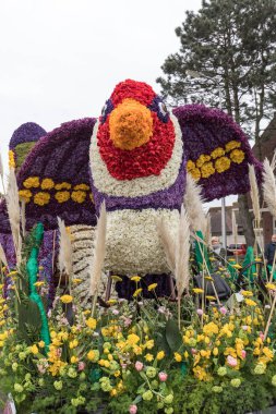 Noordwijkerhout, Hollanda - 21 Nisan 2017: Platform ile Lale ve sümbül sırasında geleneksel çiçek geçit törenini Bloemencorso Noordwijk üzerinden Hollanda'da Haarlem. 