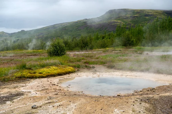 Vista Prado Con Aguas Termales Vapor Valle Haukadalur Sur Islandia — Foto de Stock