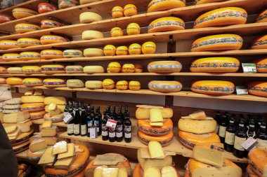 Alkmaar, Hollanda - 21 Nisan 2017: Edam ve Gouda peyniri yerel peynir dükkanında, Alkmaar, Hollanda gibi geleneksel Hollanda peynir görüntüsünü