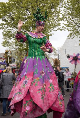 Noordwijkerhout, Hollanda - 21 Nisan 2017: Renkli elbise geleneksel çiçek, stilts üzerinde yürüyen kadınlarda Bloemencorso Noordwijk Hollanda'da Haarlem için geçit töreni