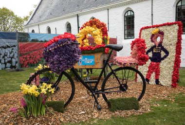 Noordwijkerhout, Hollanda - 21 Nisan 2017: geleneksel çiçekler çiçekleri ile süslenmiş Bisiklet Bloemencorso Noordwijk Haarlem Hollanda için geçit töreni