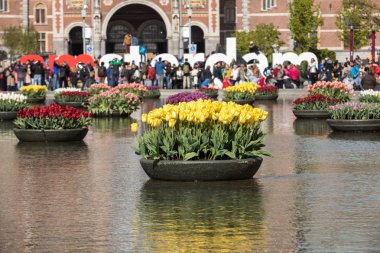Amsterdam, Hollanda - 22 Nisan 2017: Rijksmuseum Ulusal Müzesi ile ben Amsterdam işaret ve Lale yansıtan Havuzu. Amsterdam, Hollanda