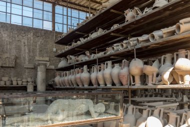 Pompei 'de Vesuvius patlamasından kurtulan gemiler, saksılar ve çeşitli eserler çıkarıldı ve kataloglandı. Pompei, İtalya