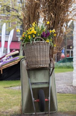 Noordwijkerhout, Hollanda - 21 Nisan 2017: Geleneksel çiçek, bitki süslemeleri Bloemencorso Noordwijk Haarlem Hollanda için geçit töreni