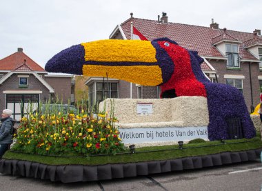 Noordwijkerhout, Hollanda - 21 Nisan 2017: Platform ile Lale ve sümbül sırasında geleneksel çiçek geçit törenini Bloemencorso Noordwijk üzerinden Hollanda'da Haarlem. 