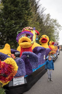 Noordwijkerhout, Hollanda - 21 Nisan 2017: geleneksel çiçek, renkli çiçek yapılan ördek Bloemencorso Noordwijk Haarlem Hollanda için geçit töreni