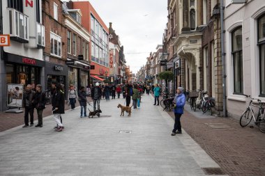 Alkmaar, Hollanda - 21 Nisan 2017: Popüler Langestraat alışveriş sokak, merkezinde, Alkmaar, Hollanda