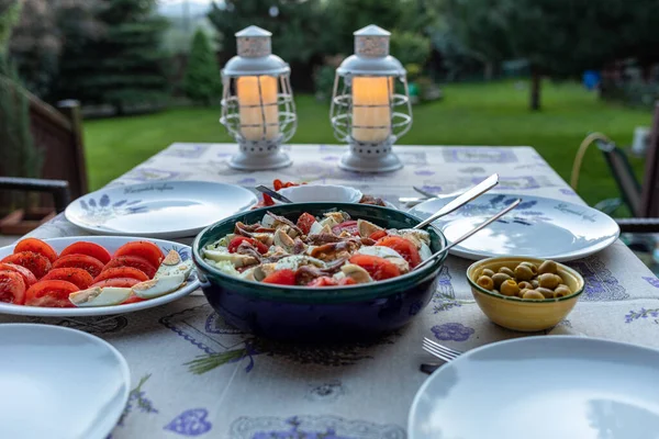 Preparato Cena Tavolo Sulla Terrazza — Foto Stock