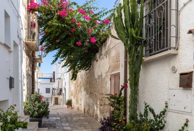 Polignano a Mare, İtalya - 17 Eylül 2019: Büyüleyici ve romantik tarihi şehir Polignano a Mare, Apulia, Güney İtalya