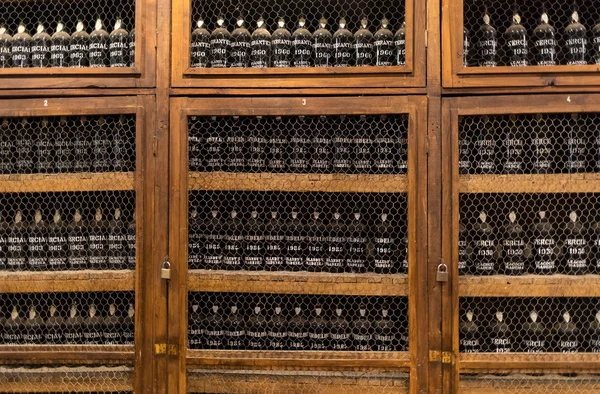 フンシャル マデイラ ポルトガル 2018年4月23日 博物館 高価なヴィンテージワインのリポジトリマデイラ ワインのボトルで作られた棚の長い行 フンシャル マデラ ポルトガル — ストック写真