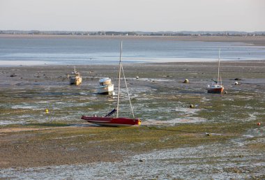 Cancale 'in ünlü istiridye üretim kasabası Brittany, Fransa' da sahilde karada kayıklar.,