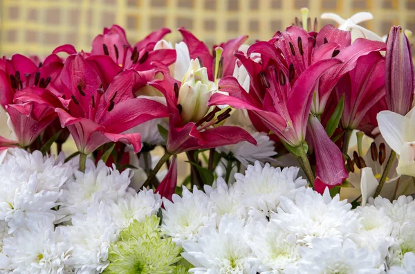 Skönhet Floristisk Dekoration Med Vit Gerbera Och Röda Lilja Blommor — Stockfoto