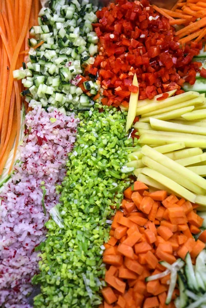 Különböző Nyers Aprított Zöldségek Gyümölcsök Mint Egy Példa Egészséges Táplálkozás — Stock Fotó