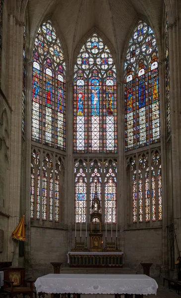 Troyes France August 2018 Colorful Stained Glass Windows Altar Basilique — Stock Photo, Image