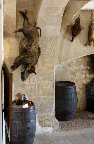 法国多尔多涅卡斯特尔诺 2018年9月7日 法国阿基坦卡斯特尔瑙德城堡的厨房墙上挂着狩猎奖杯 卡斯特尔瑙 拉查佩尔中世纪堡垒 — 图库照片
