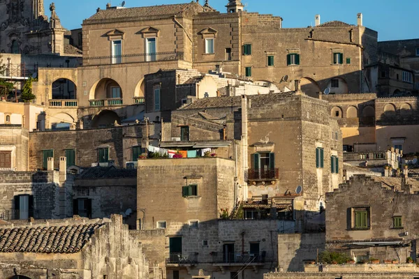 Widok Sassi Matera Historycznej Dzielnicy Mieście Matera Znany Ich Starożytnych — Zdjęcie stockowe