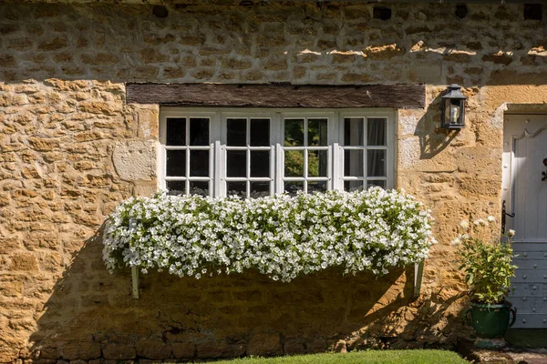 Una Hermosa Casa Piedra Vieja Con Petunias Blancas Florecientes Ventana — Foto de Stock