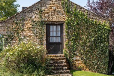 Ivy ile kaplı eski bir taş evin duvarı.