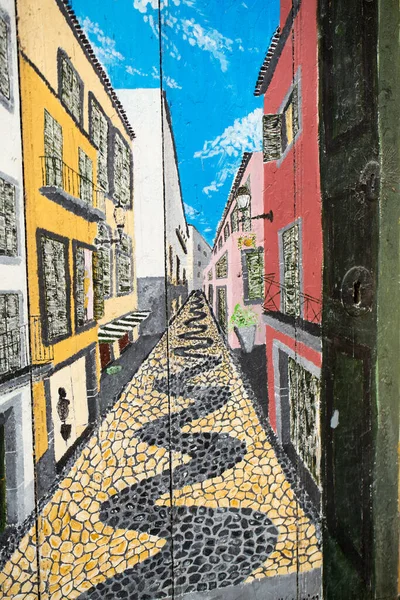 丰沙尔 葡萄牙 2016年9月8日 丰沙尔老城 Velha 被绘的门由地方艺术家 马德拉岛 葡萄牙 — 图库照片