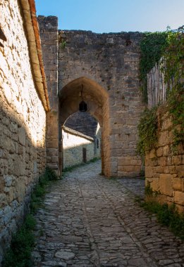 Geleneksel Beynac-et-Cazenac, Fransa 'daki antik ev ve kaldırım taşı sokağına sahip tipik Fransız kasabası.