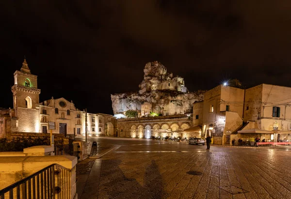 Matera Olaszország 2019 Szeptember Éjszakai Kilátás San Pietro Templomban Idris — Stock Fotó