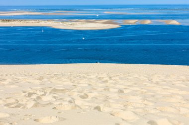 Avrupa 'nın en uzun kum tepeciği olan Pilat Kumulundan bir görüntü. La Teste-de-Buch, Arcachon Körfezi, Aquitaine, Fransa 