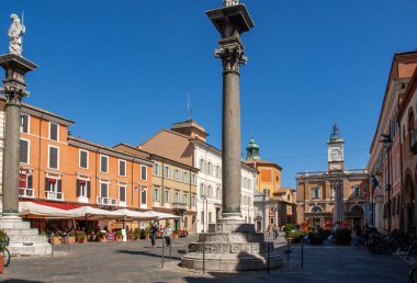 Ravenna, Italy - Sept 11, 2019: Town Square Piazza del Popolo with twin columns and statues in Ravenna Italian ,Emilia-Romagna ,  Italy, clipart