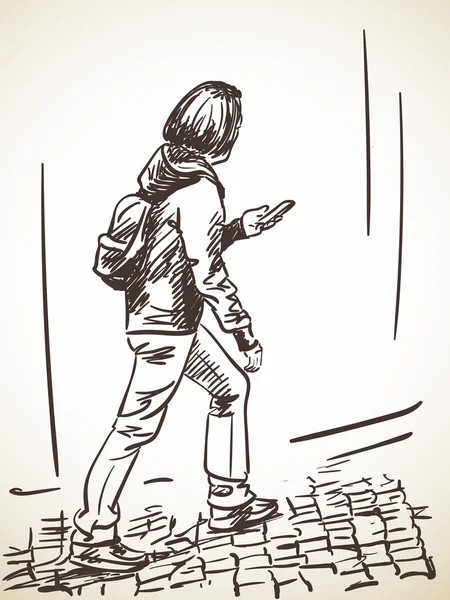 Femme à pied avec téléphone intelligent — Image vectorielle