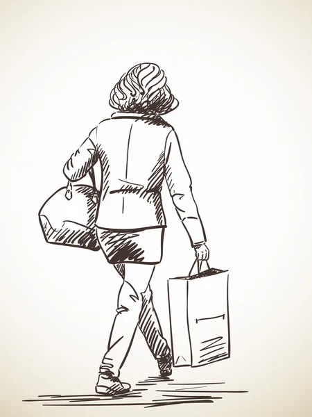 Mujer caminando con bolsa de compras — Vector de stock