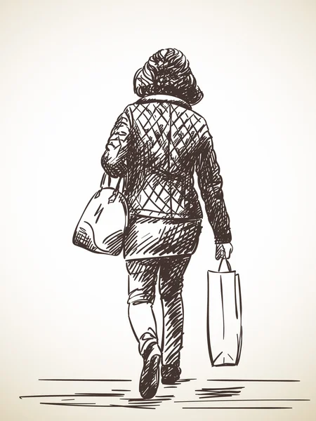 Mujer caminando con bolsa de compras — Vector de stock