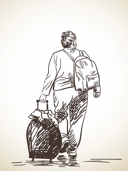 Mujer caminando con maleta — Vector de stock