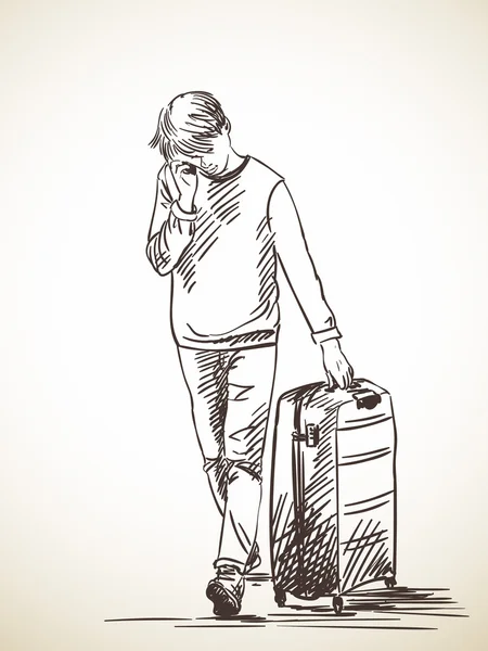 Mężczyzna idzie ulicą z walizką rozmowy na telefon komórkowy — Wektor stockowy