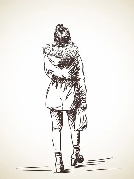 ジャケットで歩く女性のスケッチ — ストックベクタ