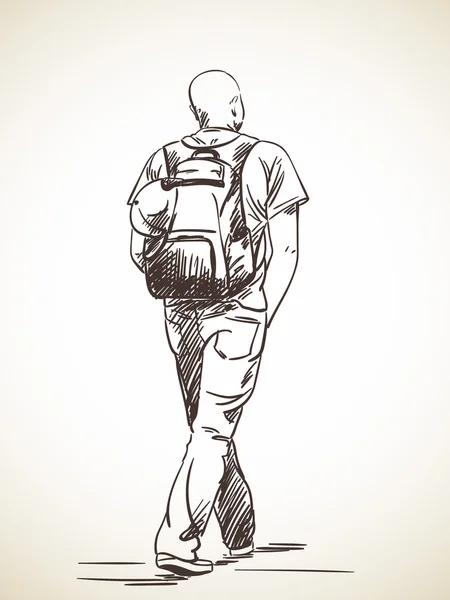 Glatzköpfiger Mann mit Rucksack zu Fuß — Stockvektor