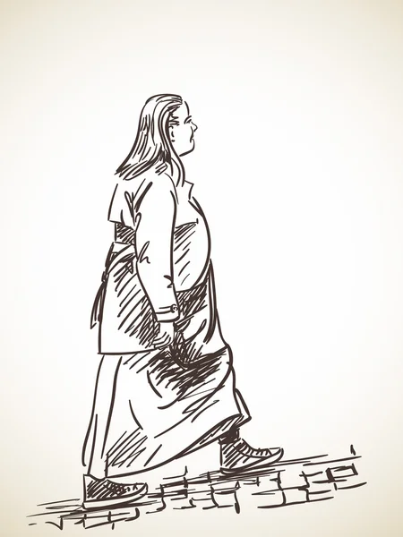 Croquis de la femme marchant sur un trottoir de pierre — Image vectorielle