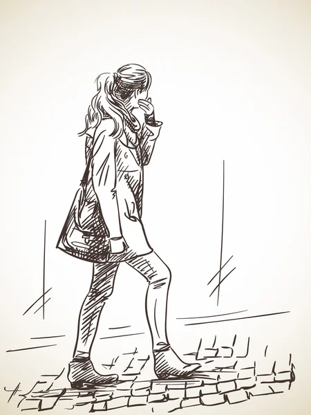 Croquis de la femme marchant sur un trottoir de pierre — Image vectorielle