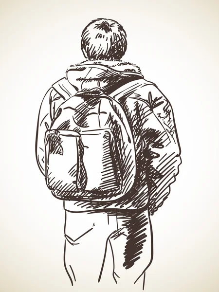Ескіз чоловіка, що стоїть з рюкзаком — стоковий вектор