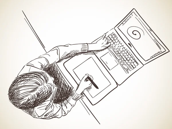 Ontwerper werkt op laptop met behulp van pen tablet — Stockvector
