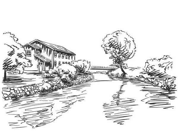 川の隣の家と木々 と Ladnscape — ストックベクタ