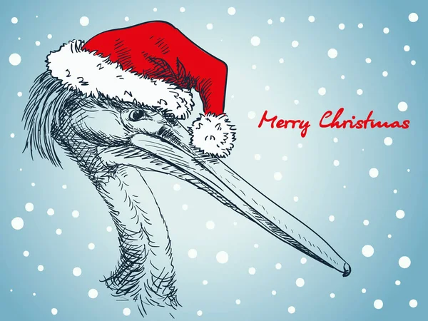 Weihnachtskarte mit Pelikan in Weihnachtsmütze — Stockvektor