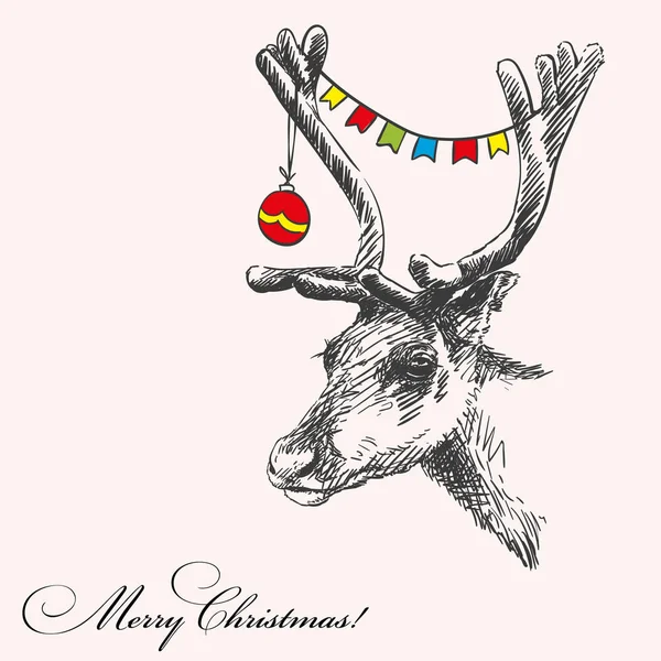 Tarjeta de Navidad con ciervo dibujado a mano — Archivo Imágenes Vectoriales