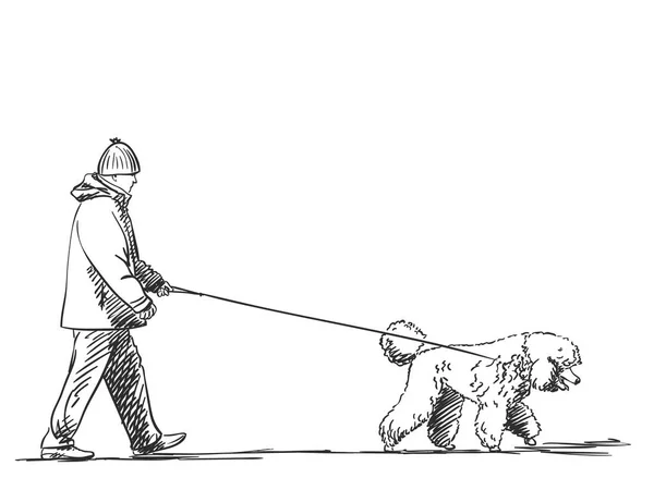 가죽 끈에 개를 산책 하는 사람의 스케치 — 스톡 벡터