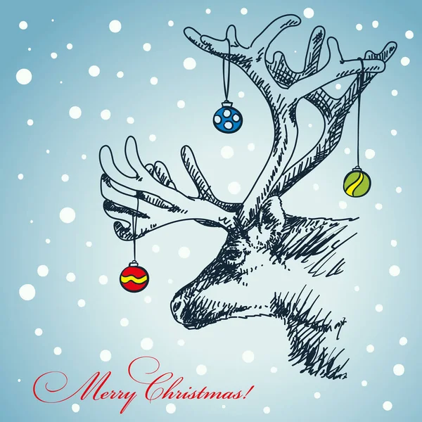 Рождественская открытка с нарисованным оленем — стоковый вектор