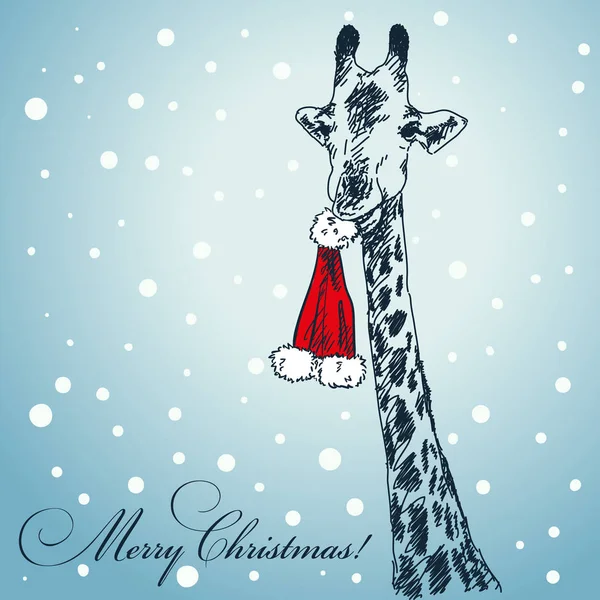 Tarjeta de Navidad con jirafa dibujada a mano — Vector de stock
